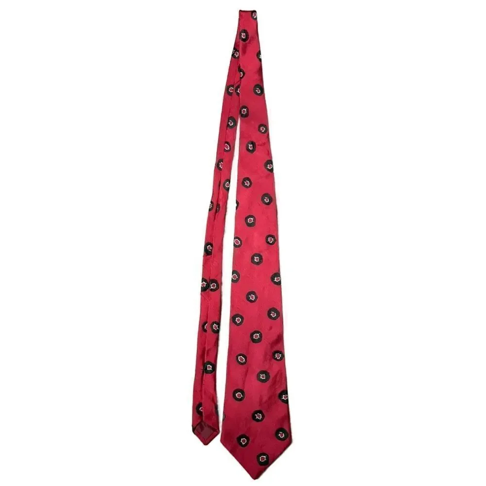 Yves Saint Laurent Vintage 100% Silk Red Christmas Tie w/Green Wreath Designs